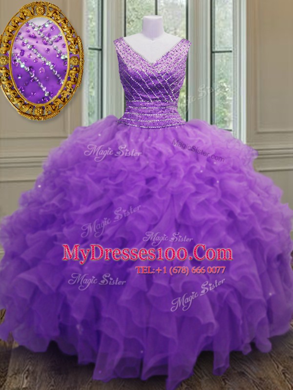 Suitable Floor Length Ball Gowns Sleeveless Purple Quince Ball Gowns Zipper