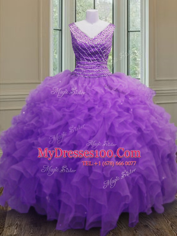 Suitable Floor Length Ball Gowns Sleeveless Purple Quince Ball Gowns Zipper
