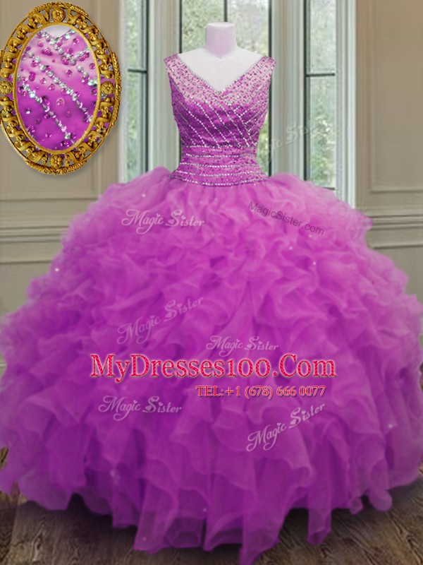 Classical Organza V-neck Sleeveless Zipper Beading and Ruffles Vestidos de Quinceanera in Fuchsia