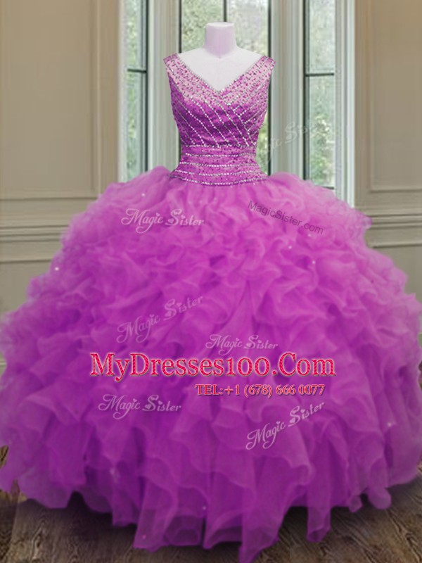 Classical Organza V-neck Sleeveless Zipper Beading and Ruffles Vestidos de Quinceanera in Fuchsia
