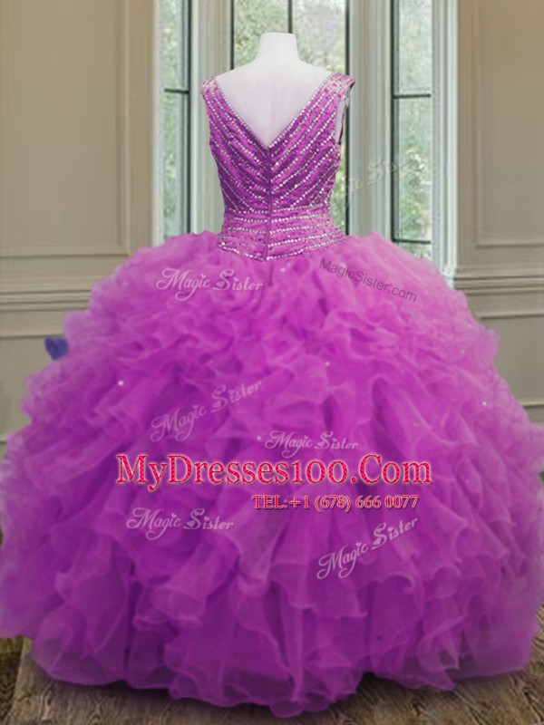 Classical Organza V-neck Sleeveless Zipper Beading and Ruffles Vestidos de Quinceanera in Fuchsia