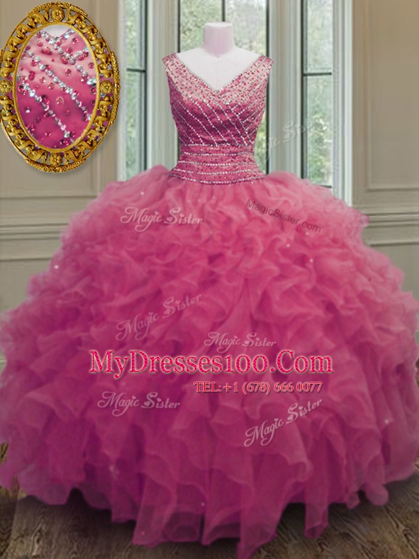Ball Gowns 15 Quinceanera Dress Hot Pink V-neck Organza Sleeveless Floor Length Zipper