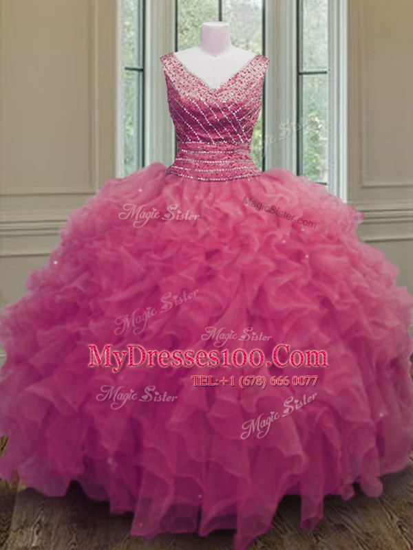 Ball Gowns 15 Quinceanera Dress Hot Pink V-neck Organza Sleeveless Floor Length Zipper