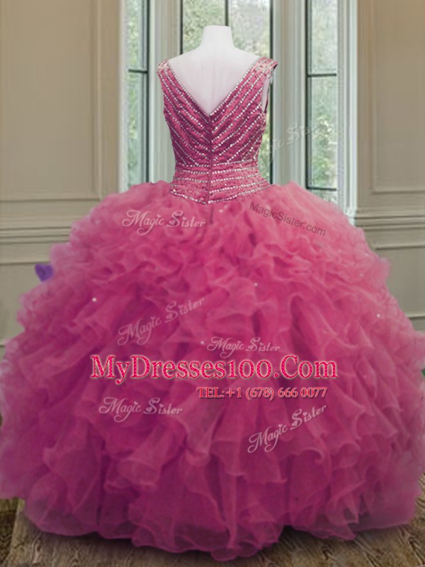 Ball Gowns 15 Quinceanera Dress Hot Pink V-neck Organza Sleeveless Floor Length Zipper