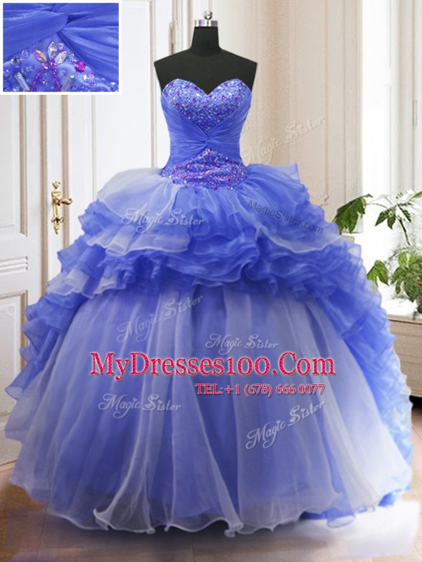 Glamorous Ruffled With Train Ball Gowns Sleeveless Blue Sweet 16 Quinceanera Dress Court Train Lace Up