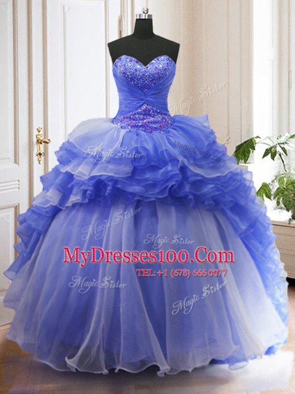 Glamorous Ruffled With Train Ball Gowns Sleeveless Blue Sweet 16 Quinceanera Dress Court Train Lace Up