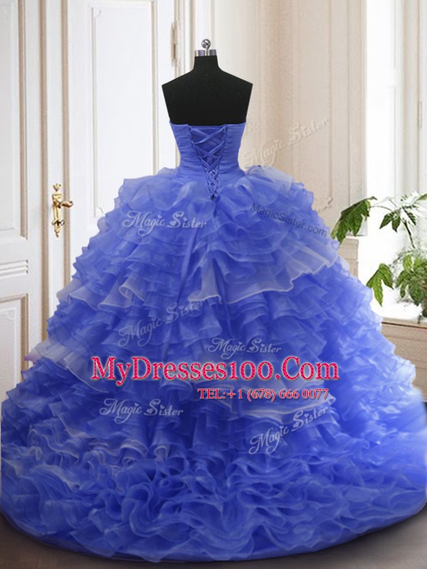 Glamorous Ruffled With Train Ball Gowns Sleeveless Blue Sweet 16 Quinceanera Dress Court Train Lace Up