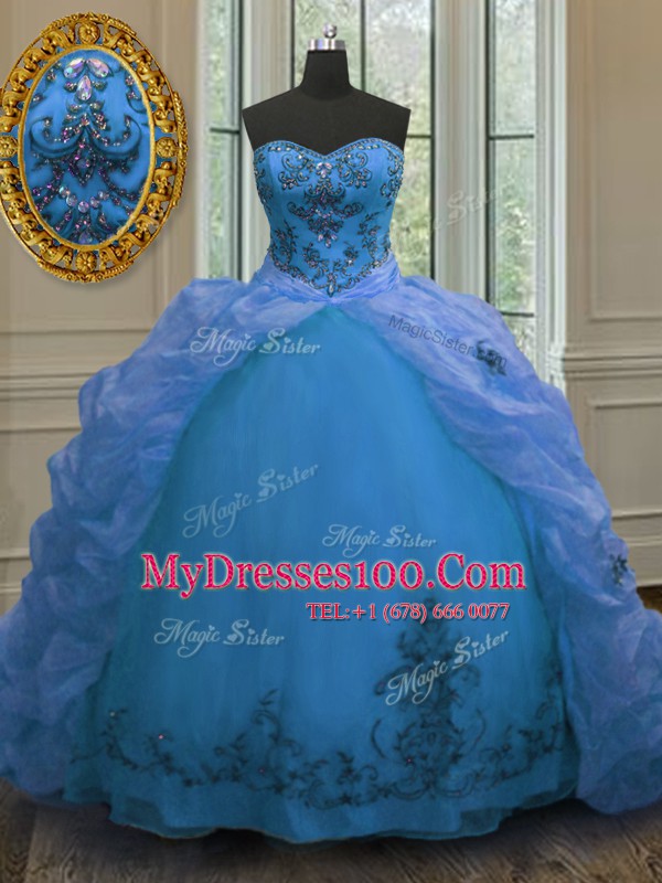 Most Popular With Train Lace Up Quinceanera Gowns Blue for Military Ball and Sweet 16 and Quinceanera with Beading and Embroidery and Pick Ups Court Train
