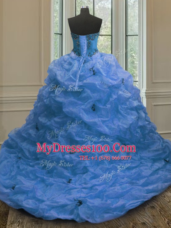 Most Popular With Train Lace Up Quinceanera Gowns Blue for Military Ball and Sweet 16 and Quinceanera with Beading and Embroidery and Pick Ups Court Train