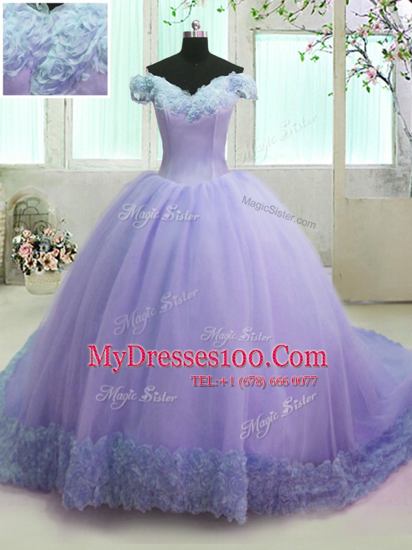 Latest Off the Shoulder Lavender Lace Up Quinceanera Gown Hand Made Flower Short Sleeves With Train Court Train