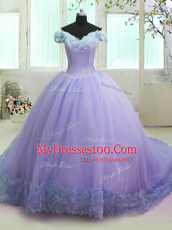Latest Off the Shoulder Lavender Lace Up Quinceanera Gown Hand Made Flower Short Sleeves With Train Court Train
