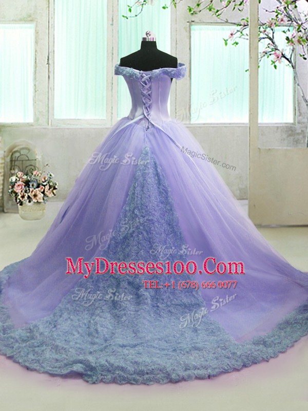 Latest Off the Shoulder Lavender Lace Up Quinceanera Gown Hand Made Flower Short Sleeves With Train Court Train