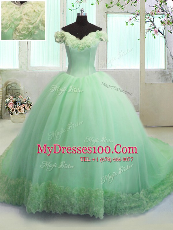 Off the Shoulder With Train 15th Birthday Dress Organza Court Train Short Sleeves Hand Made Flower