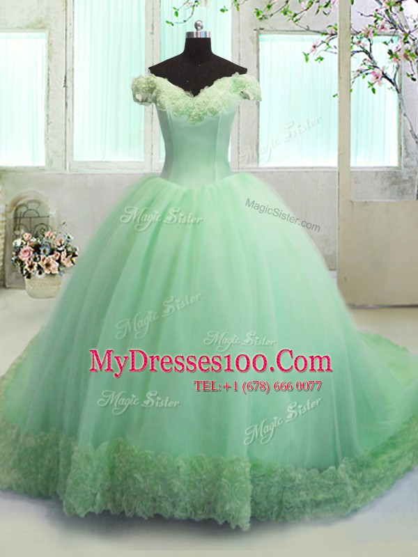 Off the Shoulder With Train 15th Birthday Dress Organza Court Train Short Sleeves Hand Made Flower
