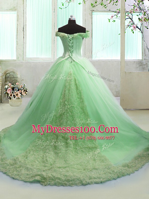 Off the Shoulder With Train 15th Birthday Dress Organza Court Train Short Sleeves Hand Made Flower