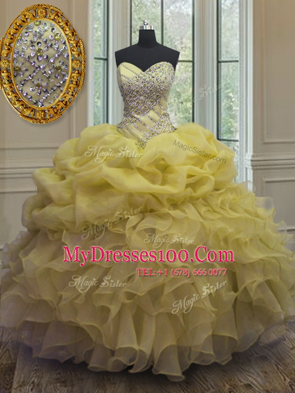 Best Yellow Sweetheart Neckline Beading and Ruffles and Pick Ups Ball Gown Prom Dress Sleeveless Lace Up