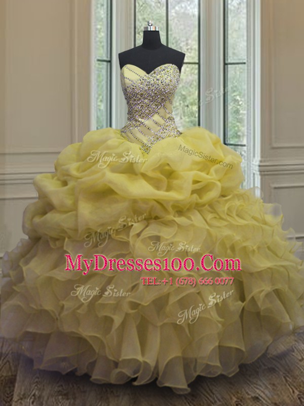 Best Yellow Sweetheart Neckline Beading and Ruffles and Pick Ups Ball Gown Prom Dress Sleeveless Lace Up