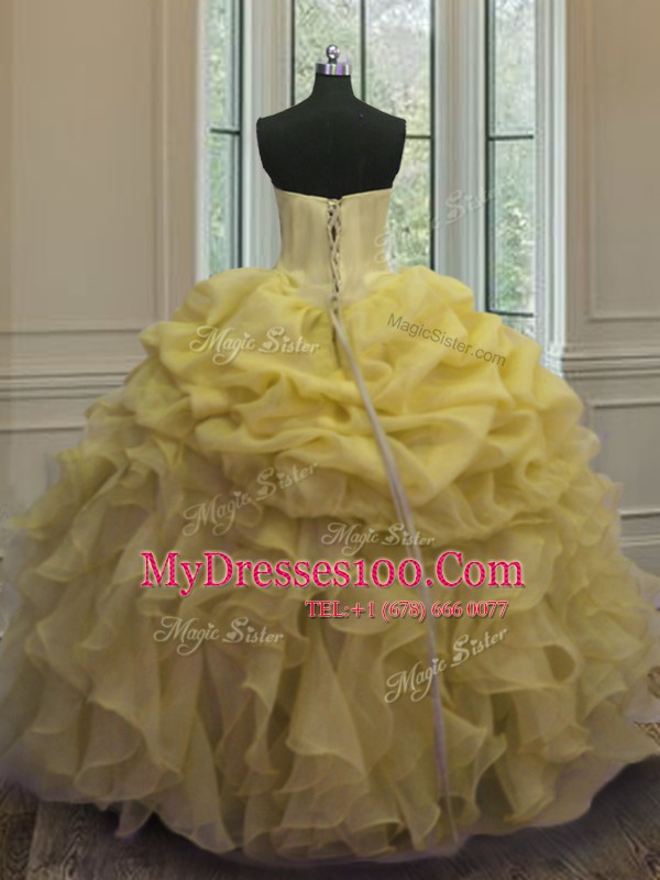 Best Yellow Sweetheart Neckline Beading and Ruffles and Pick Ups Ball Gown Prom Dress Sleeveless Lace Up