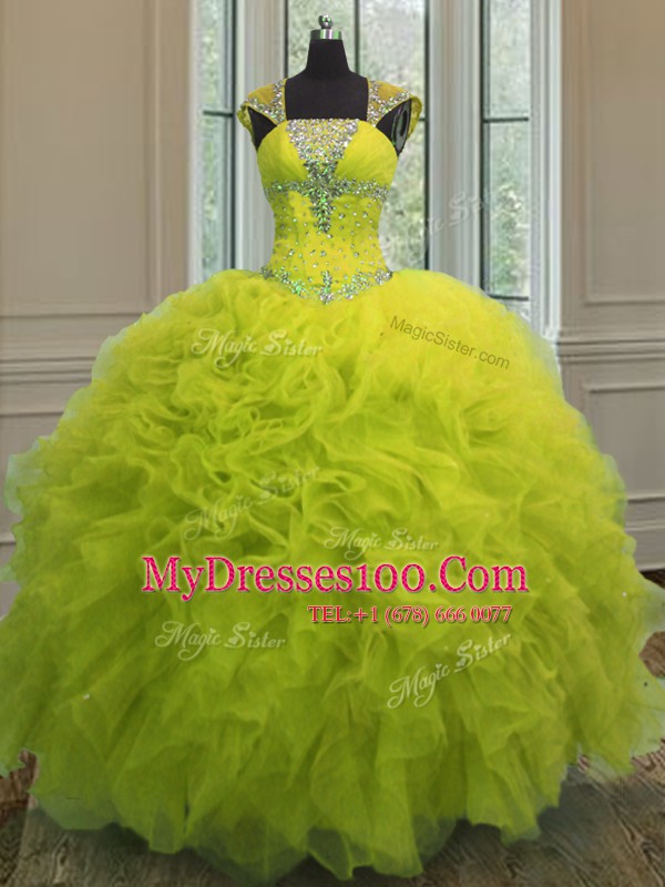 High Quality Yellow Green Straps Neckline Beading and Ruffles and Sequins Quince Ball Gowns Cap Sleeves Lace Up