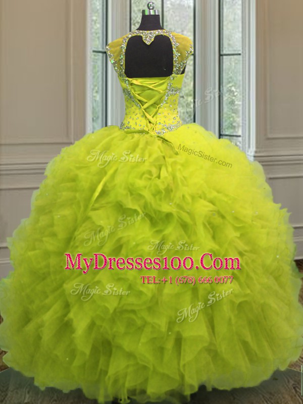 High Quality Yellow Green Straps Neckline Beading and Ruffles and Sequins Quince Ball Gowns Cap Sleeves Lace Up