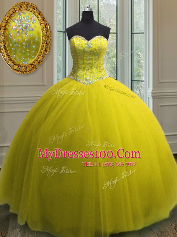 Custom Fit Sleeveless Tulle Floor Length Lace Up Sweet 16 Quinceanera Dress in Yellow with Beading and Sequins