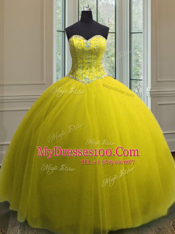 Custom Fit Sleeveless Tulle Floor Length Lace Up Sweet 16 Quinceanera Dress in Yellow with Beading and Sequins