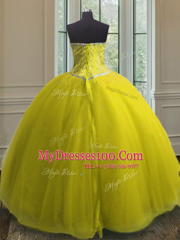 Custom Fit Sleeveless Tulle Floor Length Lace Up Sweet 16 Quinceanera Dress in Yellow with Beading and Sequins