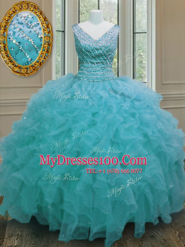 Customized Sleeveless Beading and Ruffles Zipper Vestidos de Quinceanera