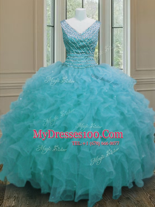 Customized Sleeveless Beading and Ruffles Zipper Vestidos de Quinceanera