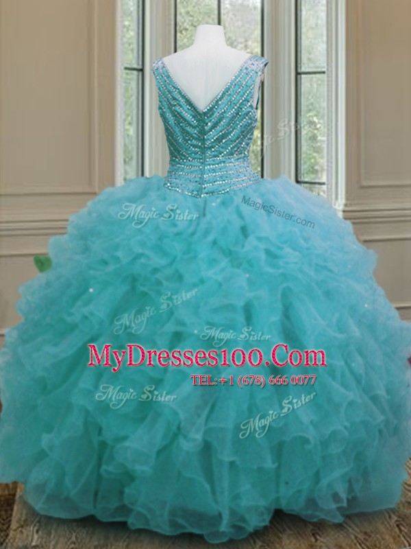 Customized Sleeveless Beading and Ruffles Zipper Vestidos de Quinceanera