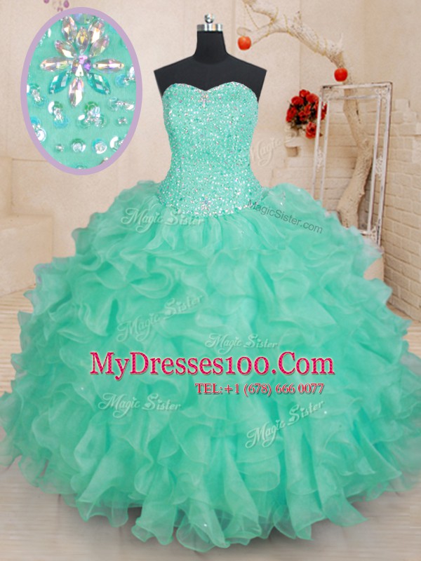 Apple Green Ball Gowns Sweetheart Sleeveless Organza Floor Length Lace Up Beading and Ruffles 15th Birthday Dress