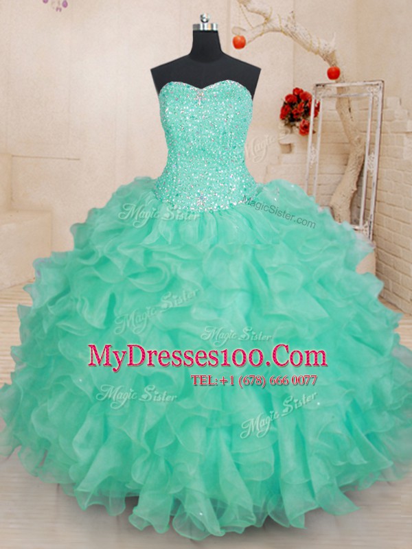 Apple Green Ball Gowns Sweetheart Sleeveless Organza Floor Length Lace Up Beading and Ruffles 15th Birthday Dress