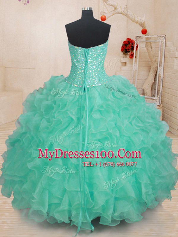 Apple Green Ball Gowns Sweetheart Sleeveless Organza Floor Length Lace Up Beading and Ruffles 15th Birthday Dress