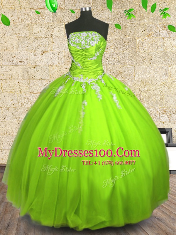 Strapless Sleeveless 15 Quinceanera Dress Floor Length Appliques and Ruching Tulle