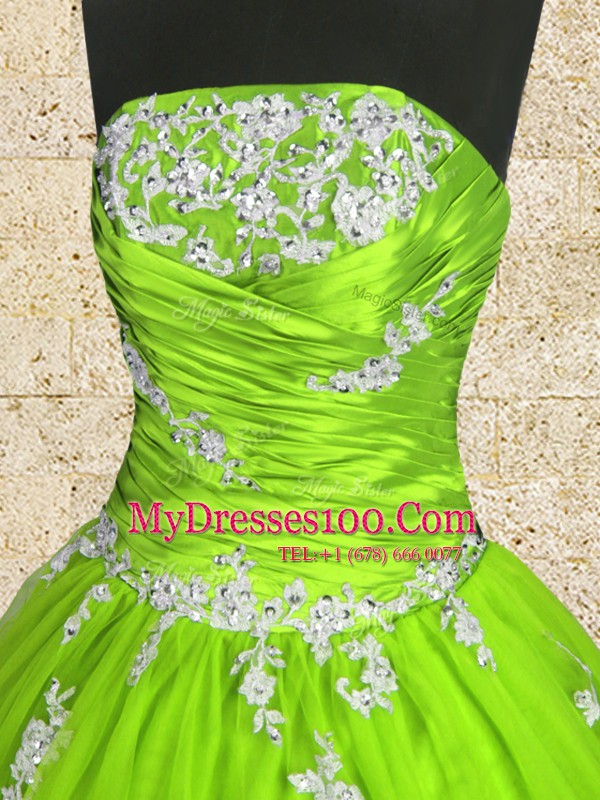Strapless Sleeveless 15 Quinceanera Dress Floor Length Appliques and Ruching Tulle
