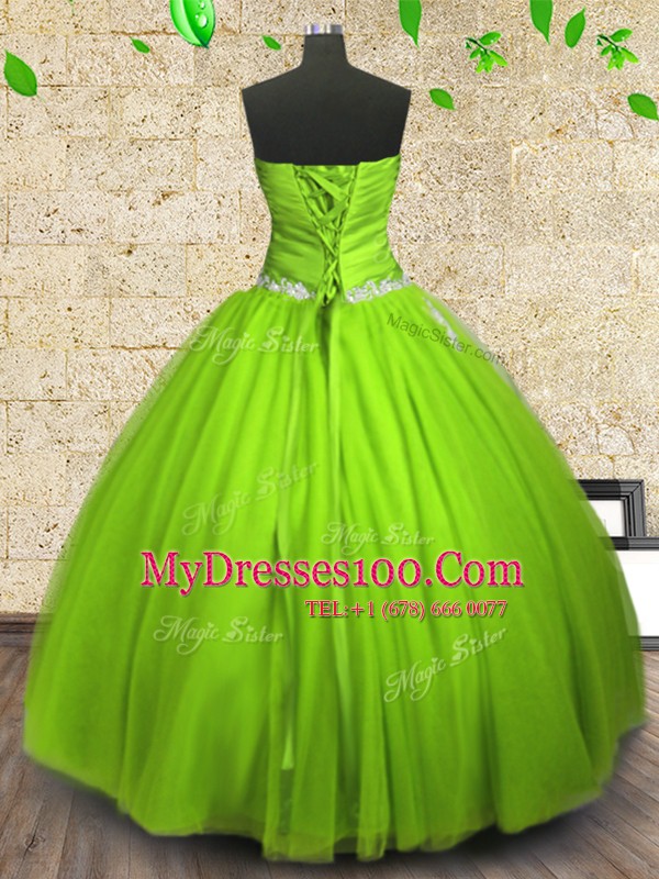 Strapless Sleeveless 15 Quinceanera Dress Floor Length Appliques and Ruching Tulle