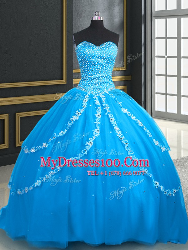 Best Sleeveless Tulle With Brush Train Lace Up Quinceanera Dress in Aqua Blue with Beading and Appliques