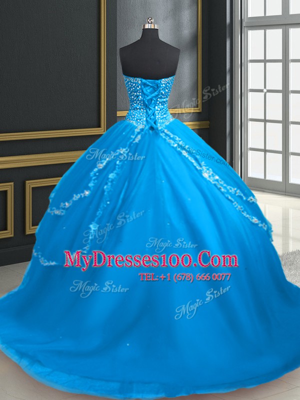 Best Sleeveless Tulle With Brush Train Lace Up Quinceanera Dress in Aqua Blue with Beading and Appliques