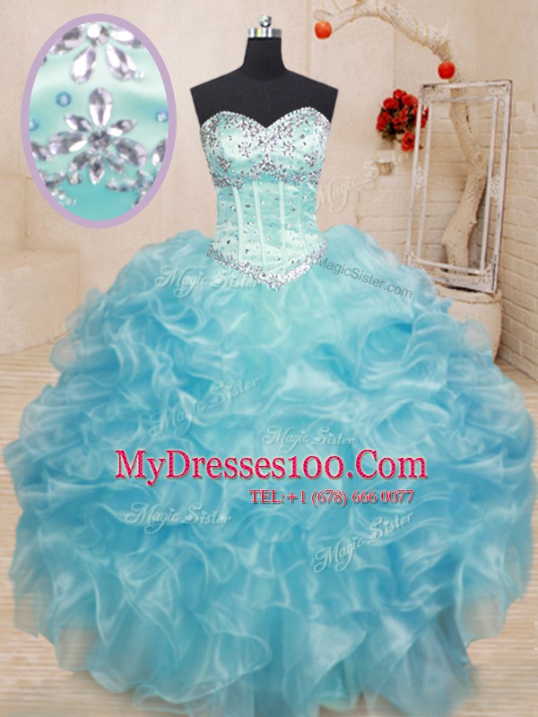 Flare Aqua Blue 15th Birthday Dress Military Ball and Sweet 16 and Quinceanera and For with Beading and Ruffles Sweetheart Sleeveless Lace Up