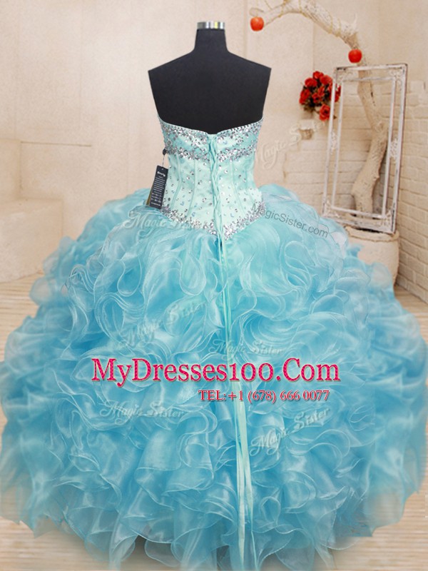 Flare Aqua Blue 15th Birthday Dress Military Ball and Sweet 16 and Quinceanera and For with Beading and Ruffles Sweetheart Sleeveless Lace Up