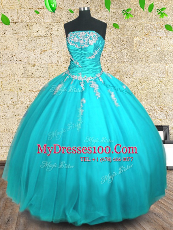 Dramatic Tulle Sleeveless Floor Length 15th Birthday Dress and Appliques and Ruching