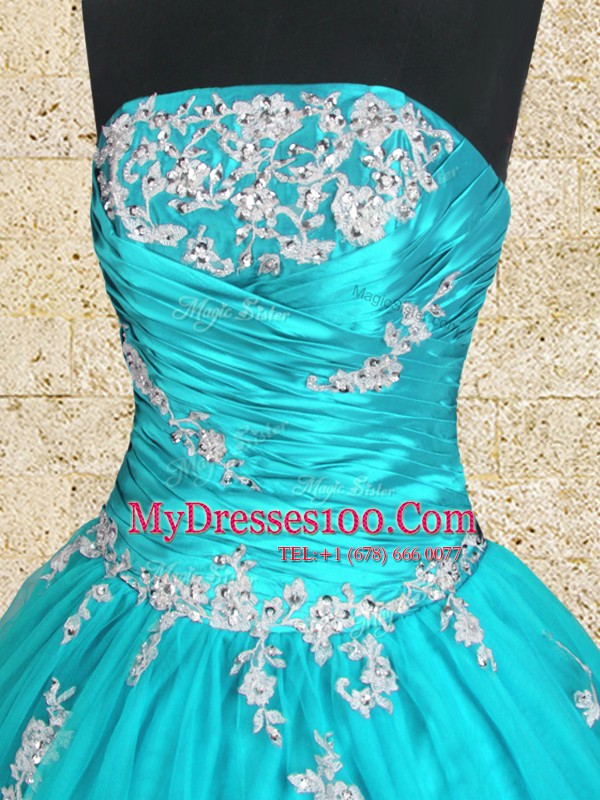 Dramatic Tulle Sleeveless Floor Length 15th Birthday Dress and Appliques and Ruching