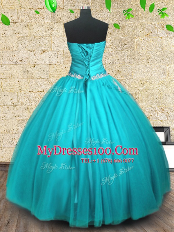 Dramatic Tulle Sleeveless Floor Length 15th Birthday Dress and Appliques and Ruching