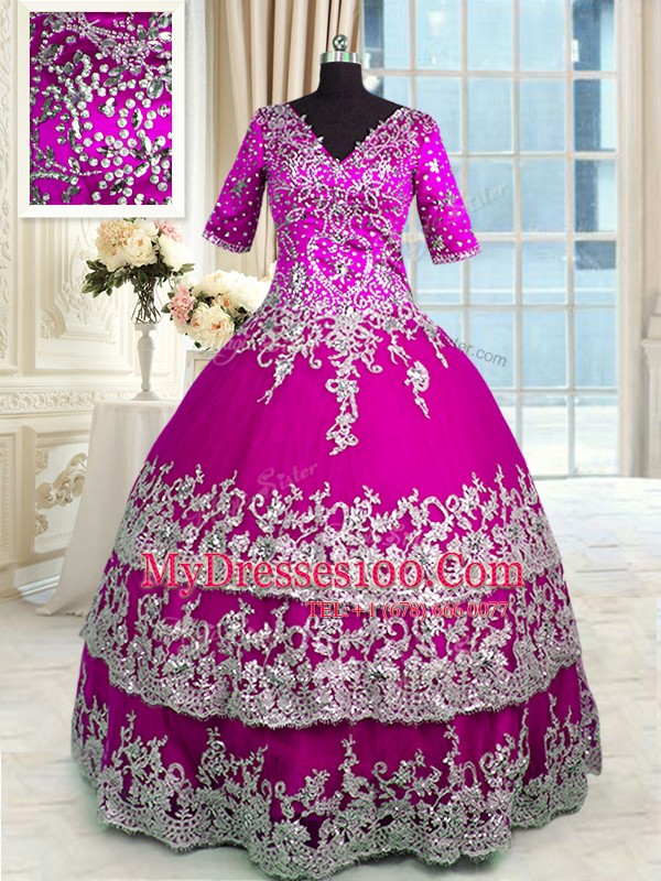 Noble Half Sleeves Beading and Appliques and Ruffled Layers Zipper 15th Birthday Dress with Fuchsia