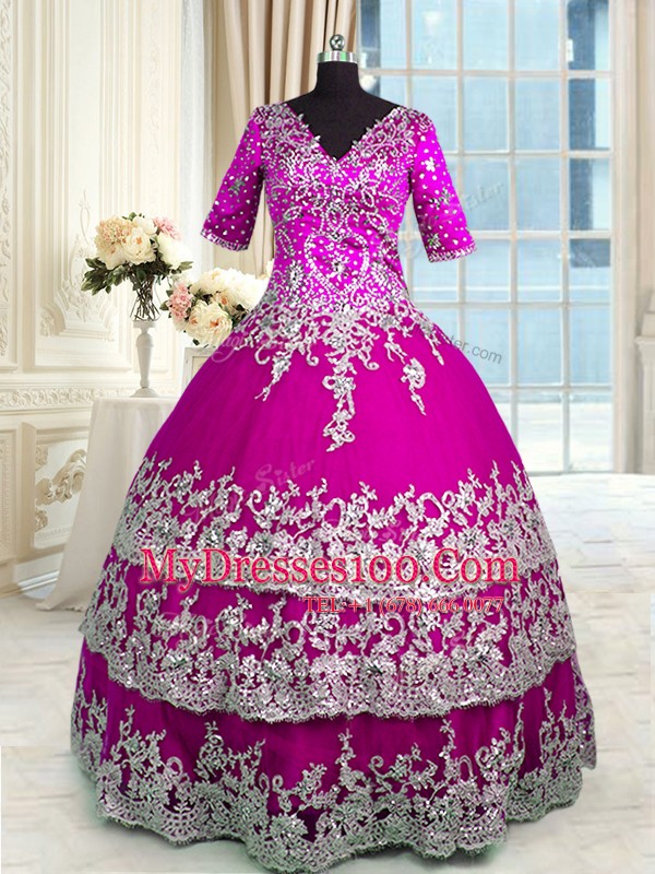 Noble Half Sleeves Beading and Appliques and Ruffled Layers Zipper 15th Birthday Dress with Fuchsia