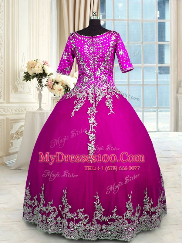 Noble Half Sleeves Beading and Appliques and Ruffled Layers Zipper 15th Birthday Dress with Fuchsia