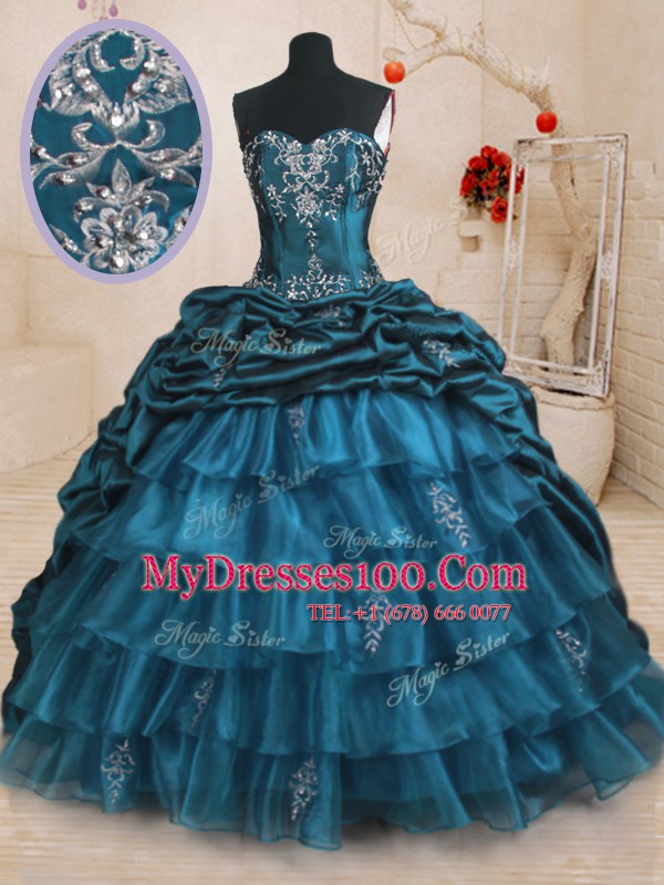 Affordable Teal Organza and Taffeta Lace Up Sweetheart Sleeveless With Train Quinceanera Gown Sweep Train Beading and Appliques and Ruffled Layers and Pick Ups