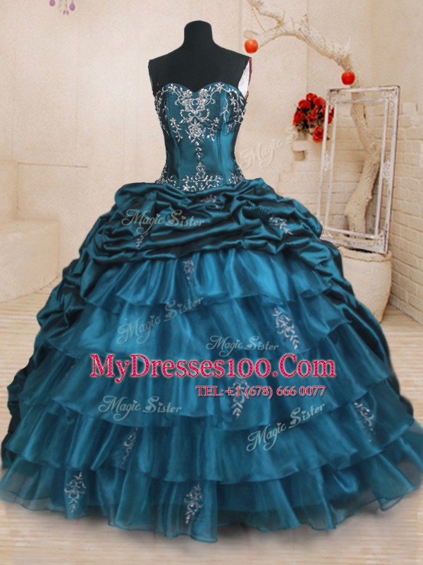 Affordable Teal Organza and Taffeta Lace Up Sweetheart Sleeveless With Train Quinceanera Gown Sweep Train Beading and Appliques and Ruffled Layers and Pick Ups