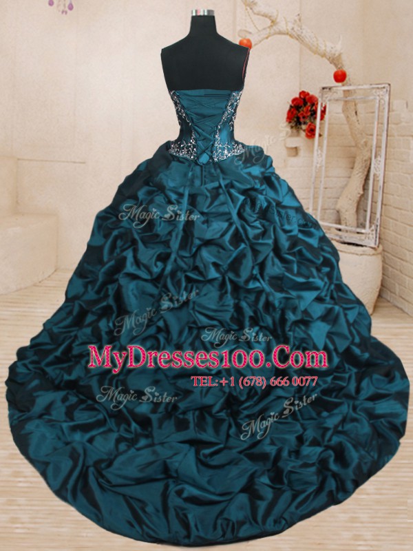Affordable Teal Organza and Taffeta Lace Up Sweetheart Sleeveless With Train Quinceanera Gown Sweep Train Beading and Appliques and Ruffled Layers and Pick Ups