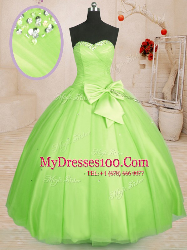Sleeveless Floor Length Beading and Bowknot Lace Up Sweet 16 Dress with Yellow Green